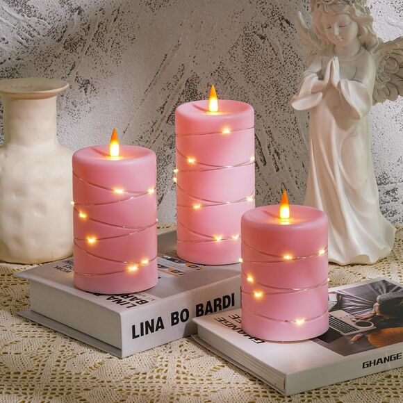 Rose Pink Flameless Candles with String Lights Battery Operated Flickering LED - Picture 4 of 5